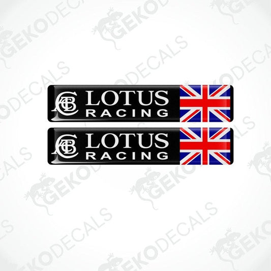 Two vinyl decals for Lotus Racing England, one with the brand logo and the other with the logo and a Union Jack flag.