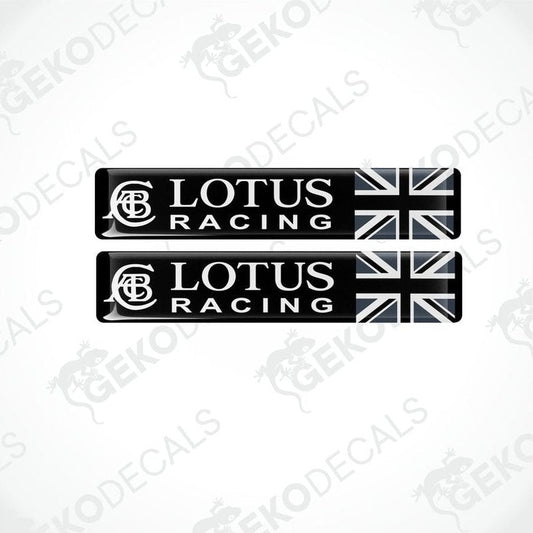 Two black vinyl decals with the text 'LOTUS RACING' and the Union Jack flag design.