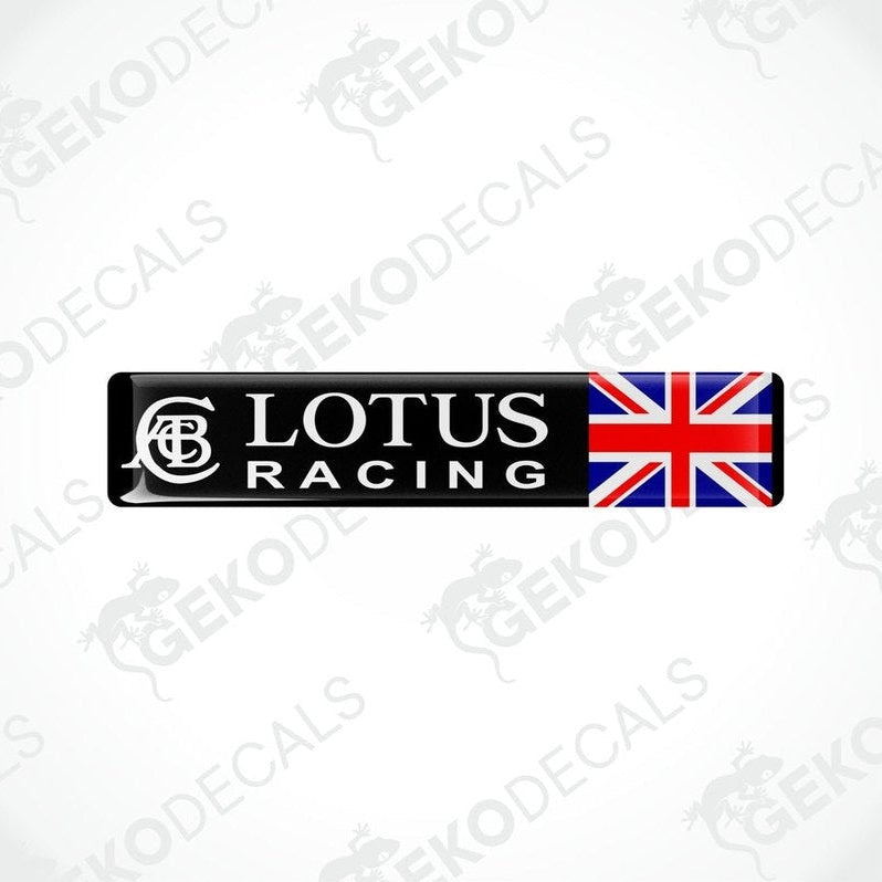  Vinyl decals for Lotus Racing England, one with the brand logo and the other with the logo and a Union Jack flag.