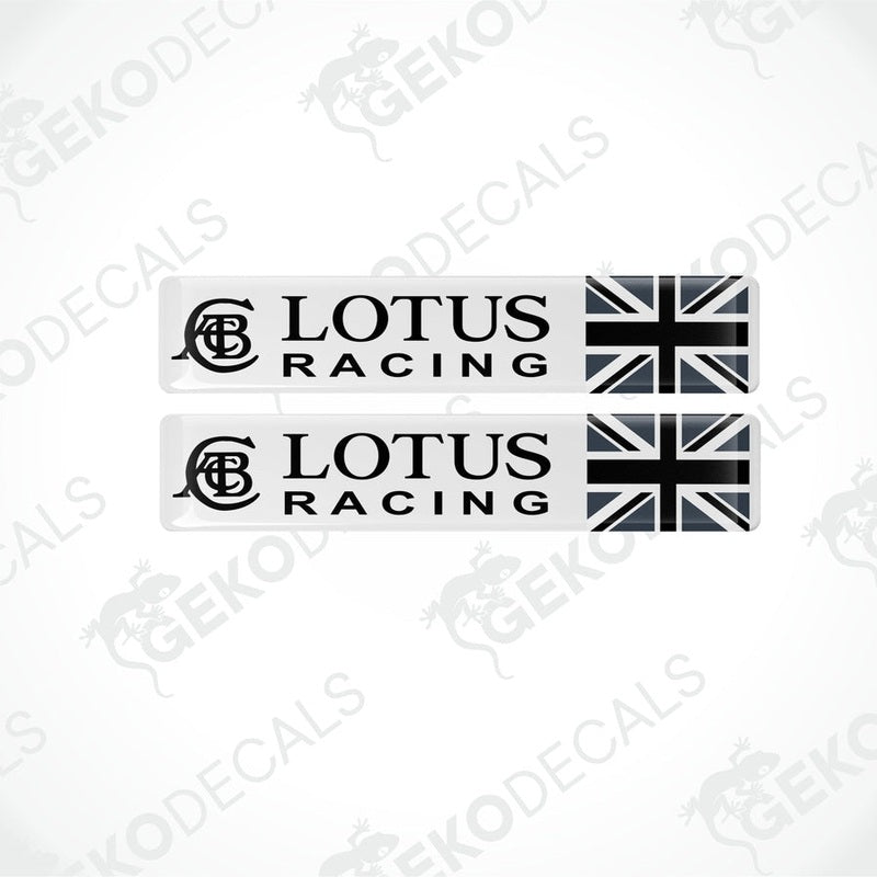 Two white vinyl decals with the text 'LOTUS RACING' and the Union Jack flag design.
