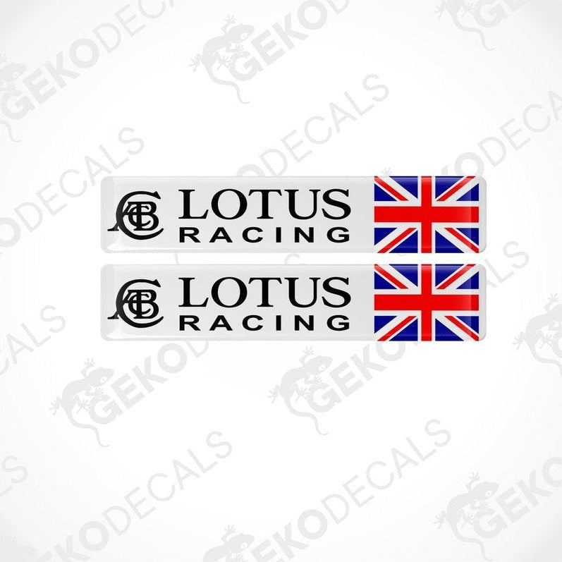 Two vinyl decals for Lotus Racing England, one with the brand logo and the other with the logo and a Union Jack flag.