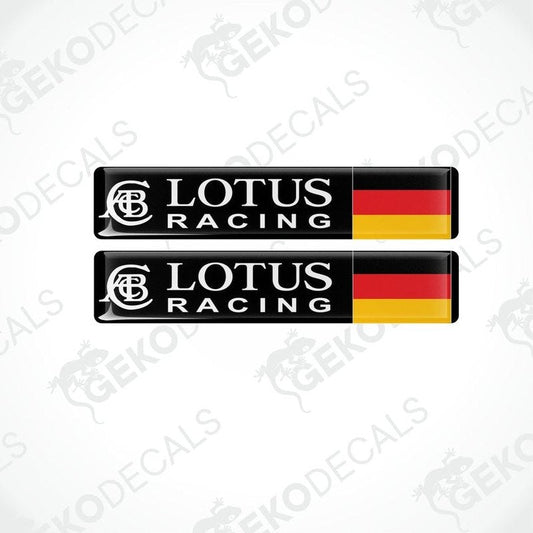 Two black vinyl stickers with the text 'LOTUS RACING' and a German flag pattern on them.