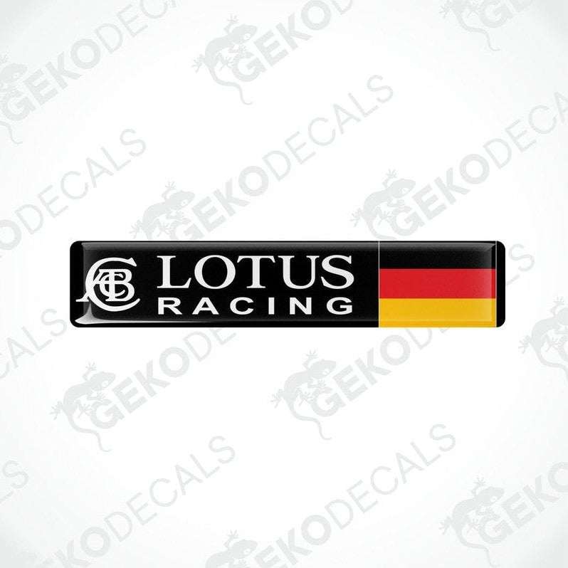  Black vinyl stickers with the text 'LOTUS RACING' and a German flag pattern on them.