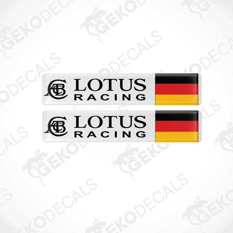 Two white vinyl stickers with the text 'LOTUS RACING' and a German flag pattern on them.