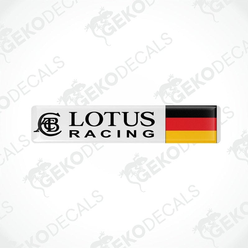 White vinyl stickers with the text 'LOTUS RACING' and a German flag pattern on them.
