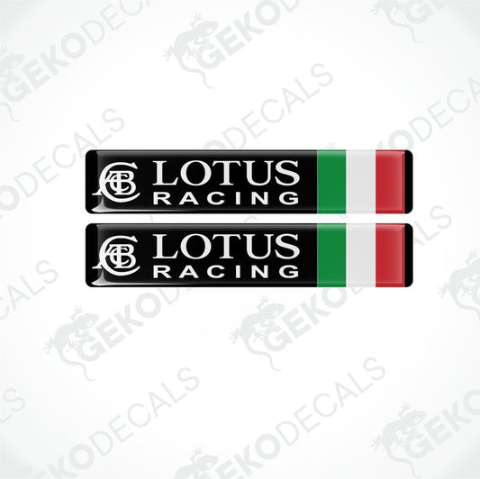 Two vinyl decals with a polyurethane coating featuring the 'LOTUS RACING ITALY' logo in black, white, and red colors.