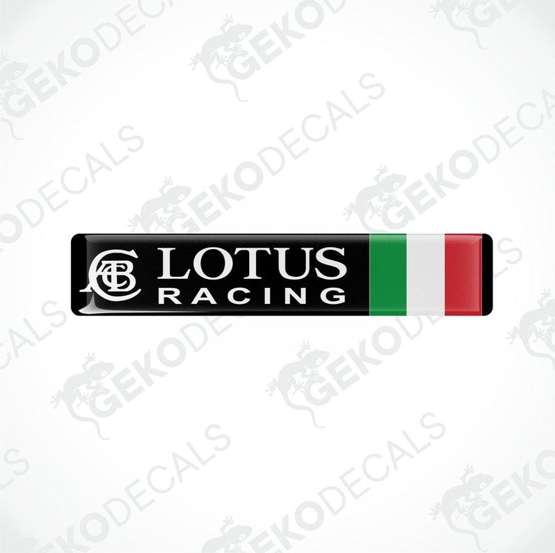 Vinyl decals with a polyurethane coating featuring the 'LOTUS RACING ITALY' logo in black, white, and red colors.