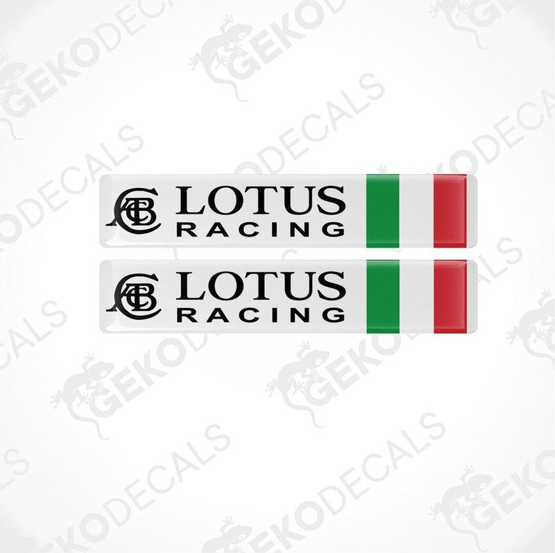 Two vinyl decals with a polyurethane coating featuring the 'LOTUS RACING ITALY' logo in black, white, and red colors.