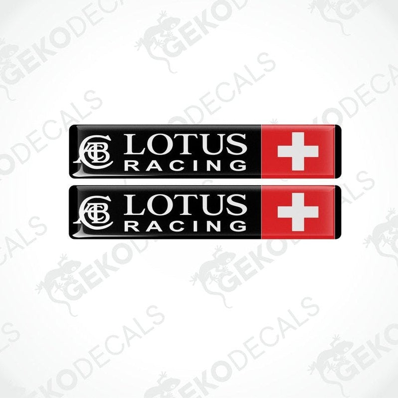 Two vinyl stickers with LOTUS RACING and a Swiss flag red and white color scheme.