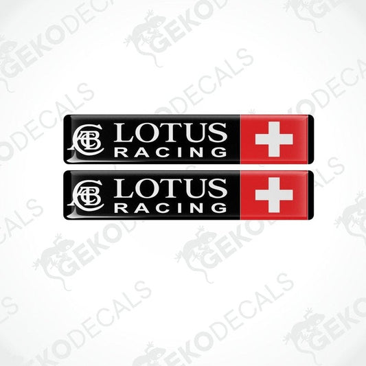 Two vinyl stickers with LOTUS RACING and a Swiss flag red and white color scheme.