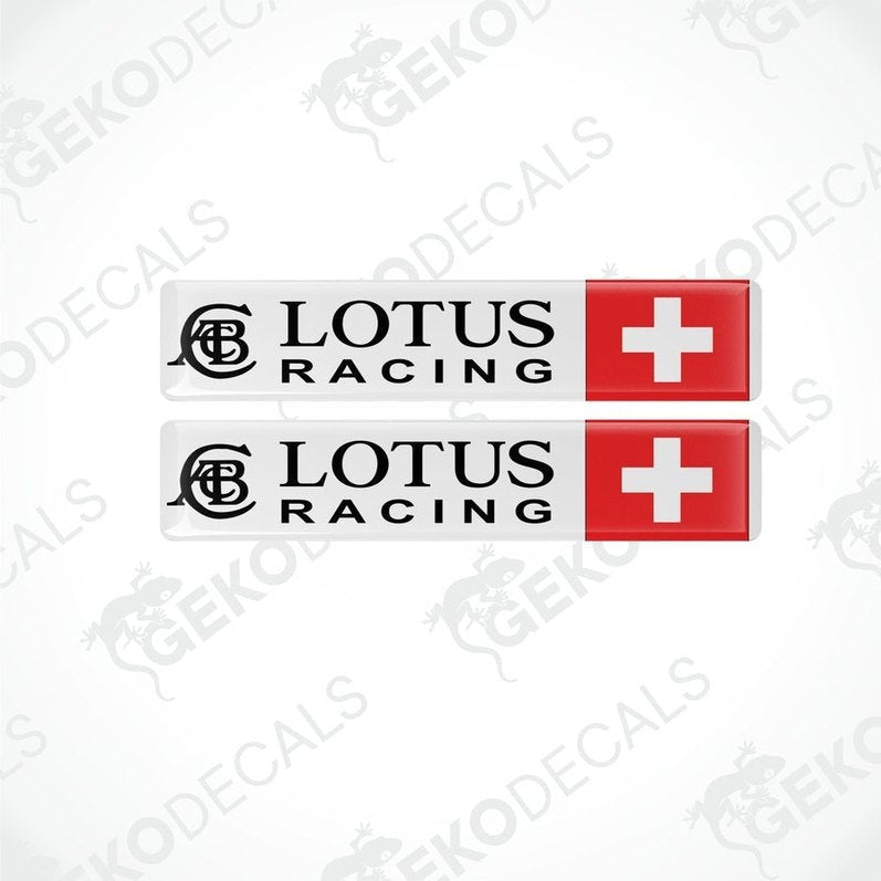 Two vinyl stickers with LOTUS RACING and a Swiss flag red and black color scheme.