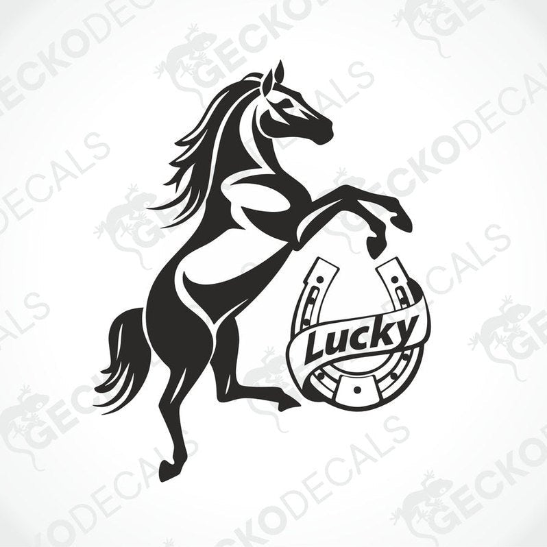 A black and white die cut decal with the text 'GOOD LUCK' and a horse hoof design.