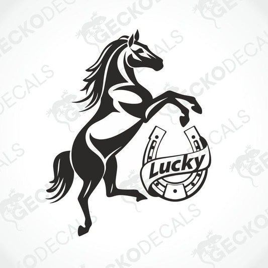 A black and white die cut decal with the text 'GOOD LUCK' and a horse hoof design.