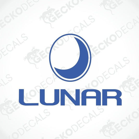 A blue decal with the Lunar brand logo featuring a stylized moon and the Lunar brand name.