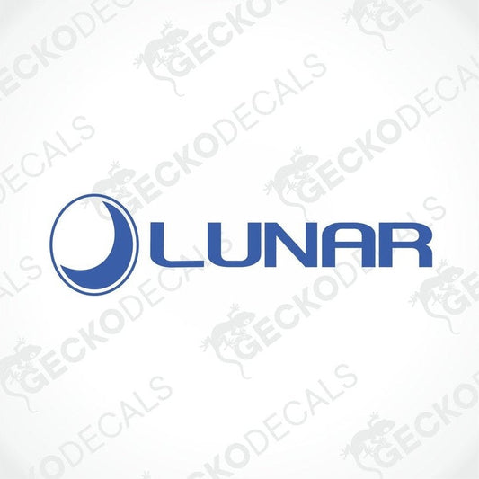 A blue die cut decal with the word LUNAR and a graphical moon and star design.