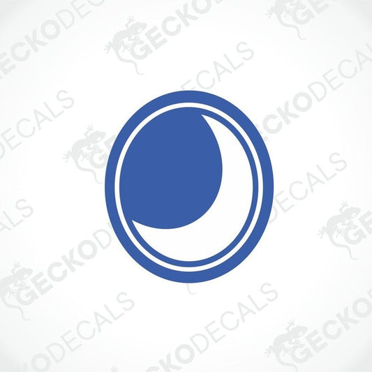 A blue die cut decal with the word LUNAR and a graphical moon and star design.