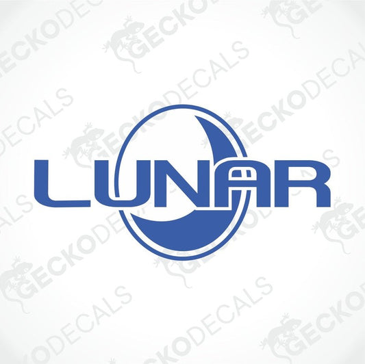 A blue die cut decal with the word LUNAR and a graphical moon and star design.
