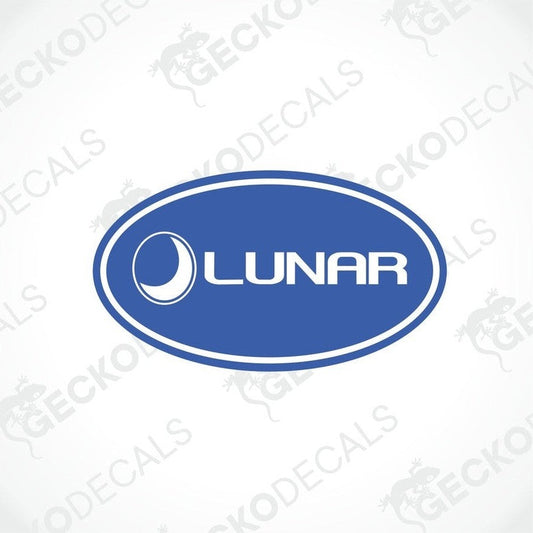 A blue die cut decal with the word LUNAR and a graphical moon and star design.