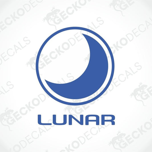 Blue circular decal with the word 'LUNAR' in bold letters, surrounded by a white border with the Gecko Decals logo.