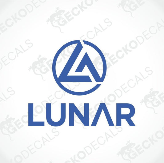 Blue LUNAR die cut decal with geometric logo for caravan interior or exterior