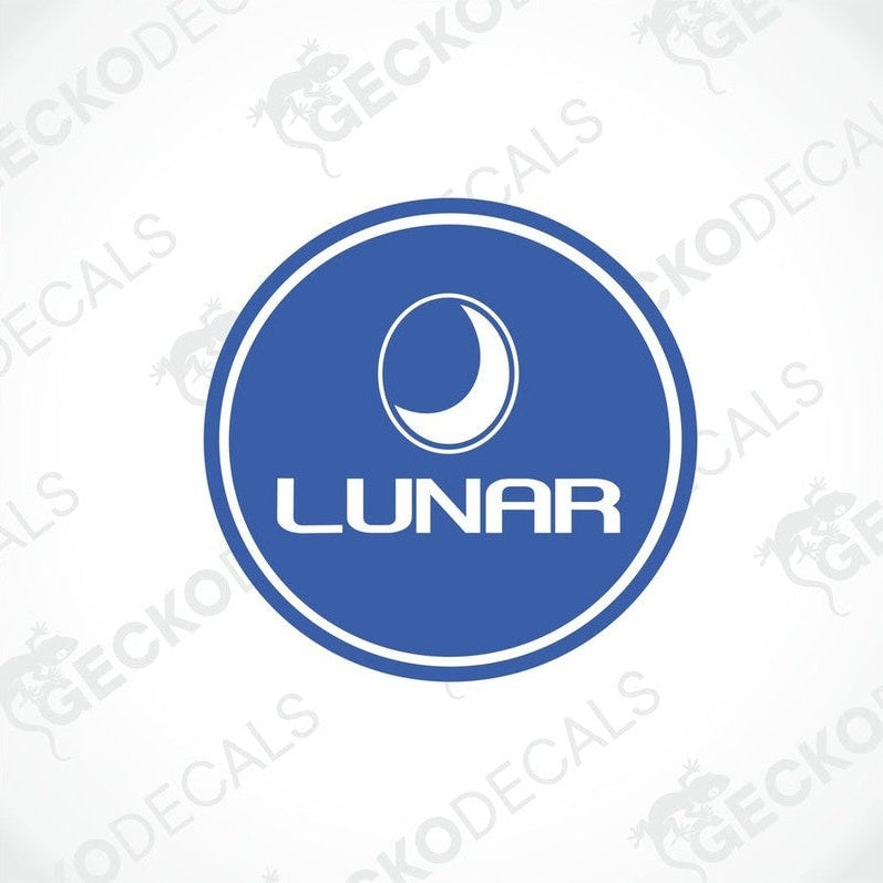 A blue circular decal with the word 'LUNAR' in bold letters, surrounded by a white border with the Gecko Decals logo.