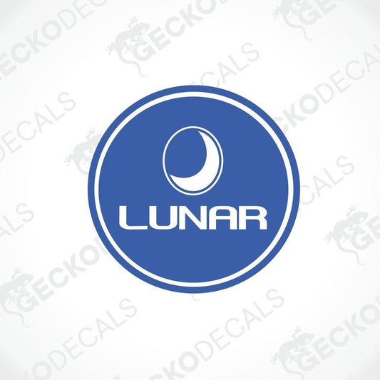 A blue circular decal with the word 'LUNAR' in bold letters, surrounded by a white border with the Gecko Decals logo.