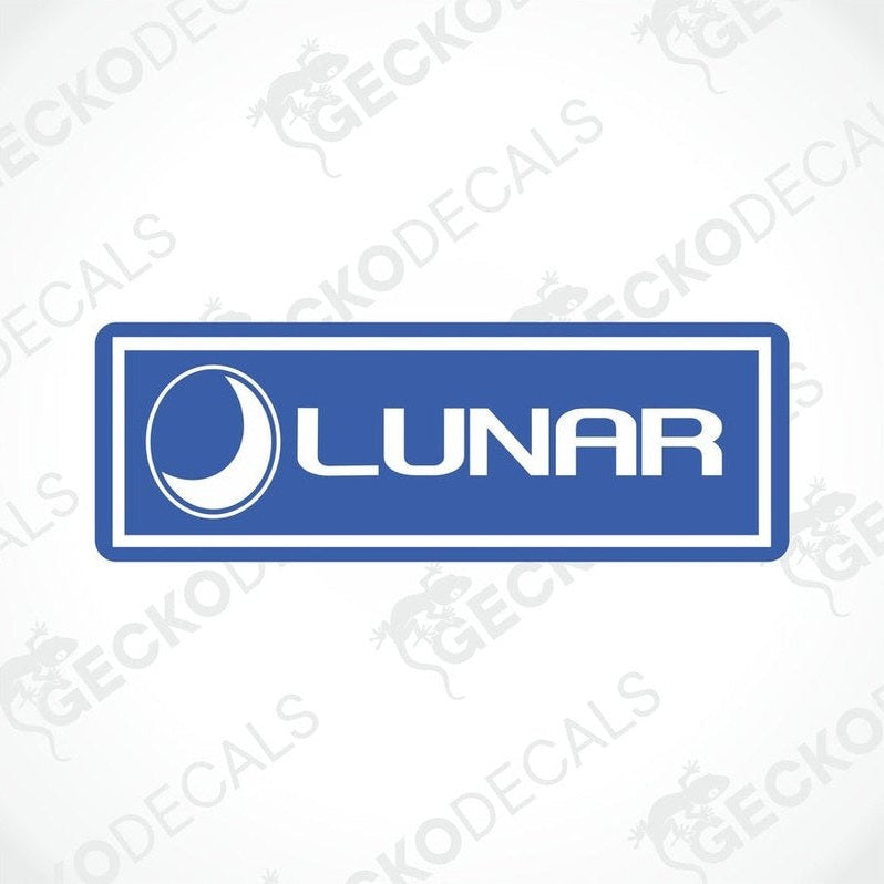 A blue and white vehicle decal with the brand name LUNAR printed on it.