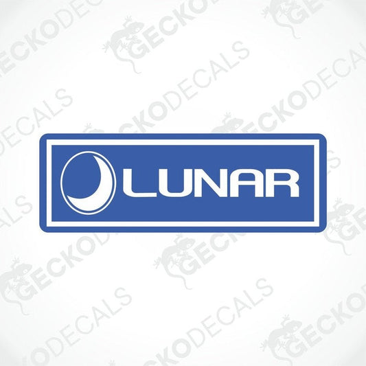 A blue and white vehicle decal with the brand name LUNAR printed on it.