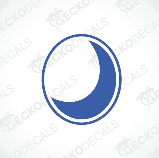 A blue die cut decal with a crescent moon design, branded by GECKODECALS.