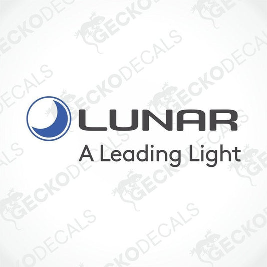 A die cut decal with the Lunar brand logo, featuring a blue and white color scheme and the text 'A Leading Light'.