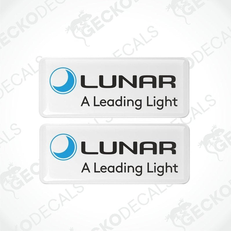 Two white vinyl stickers with the Lunar brand logo and the text 'A Leading Light' printed in blue and black.