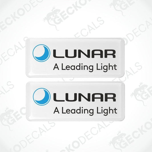 Two white vinyl stickers with the Lunar brand logo and the text 'A Leading Light' printed in blue and black.