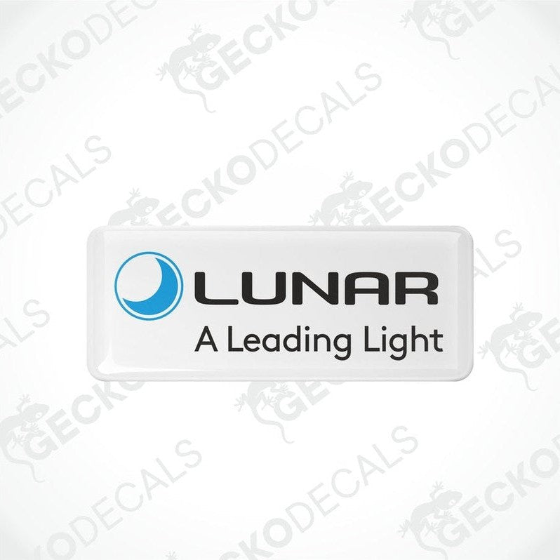 Two white vinyl stickers with the Lunar brand logo and the text 'A Leading Light' printed in blue and black.