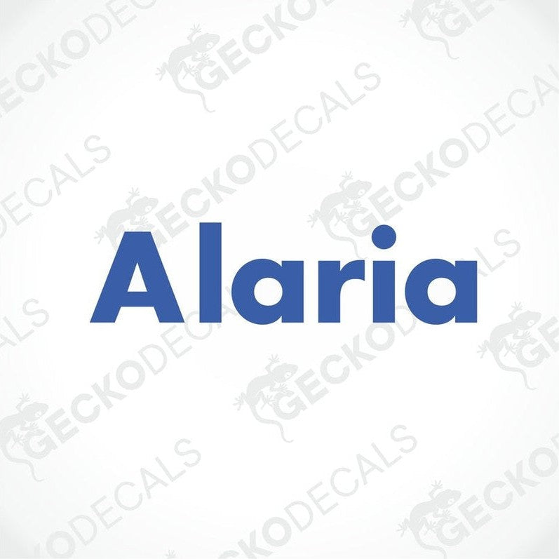 A blue decal with the text 'ALARIA' in capital letters.