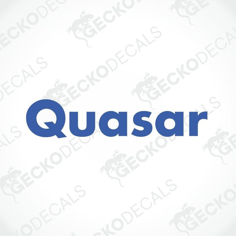 A blue decal with the text 'QUASAR' in capital letters.