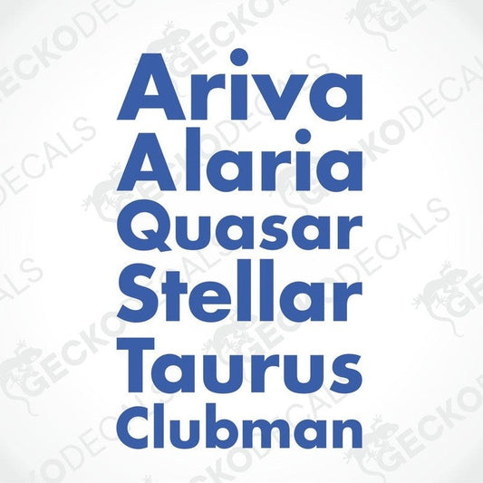 GeckoDecals die-cut caravan decal with Ariva Alaria Quasar Stellar Taurus Clubman names in blue on transfer paper