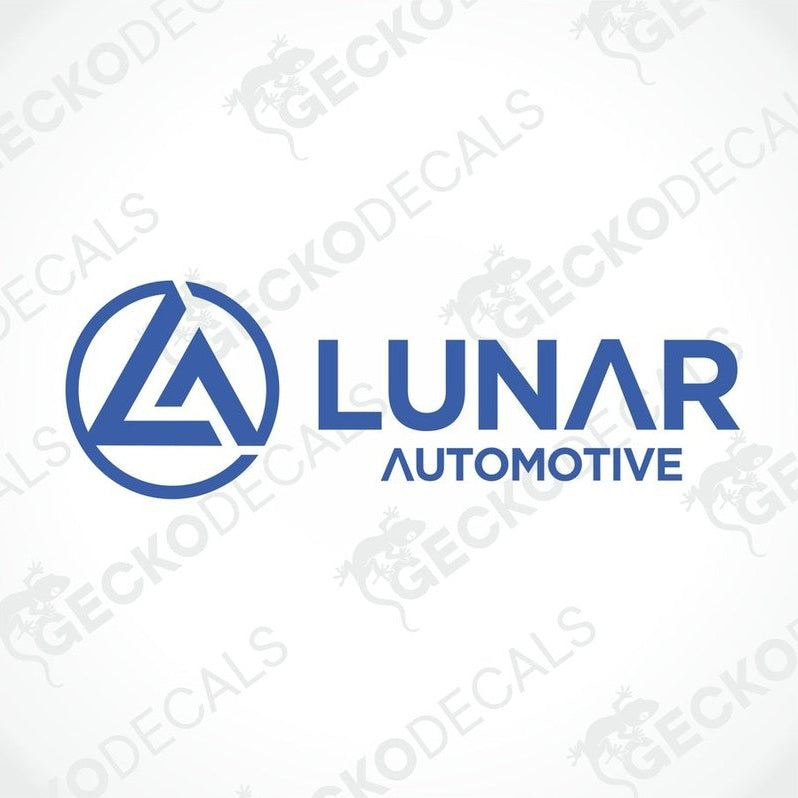 Blue LUNAR AUTOMOTIVE die-cut decal with abstract mountain logo on transfer paper