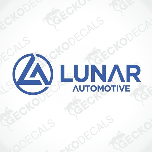 Blue LUNAR AUTOMOTIVE die-cut decal with abstract mountain logo on transfer paper