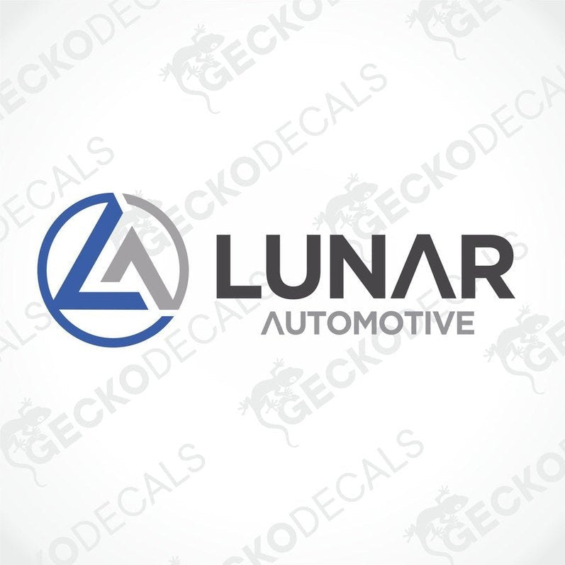 A die cut decal with the Lunar brand logo, featuring a blue and white color scheme and the text 'A Leading Light'.