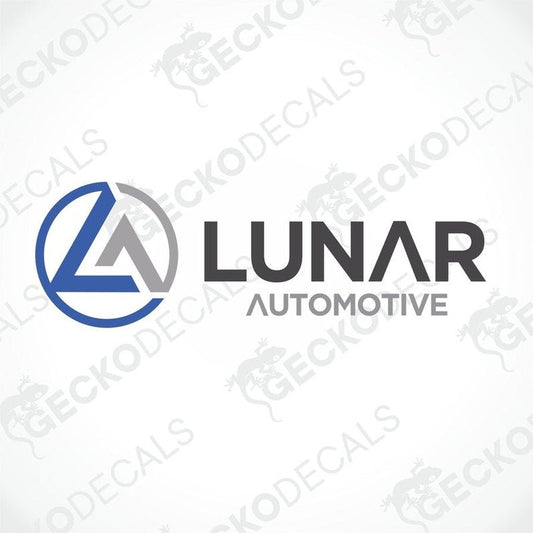 A die cut decal with the Lunar brand logo, featuring a blue and white color scheme and the text 'A Leading Light'.