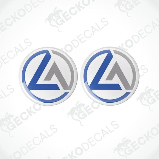 Two blue, white, and gray vinyl stickers with a geometric design, branded as 'LUNAR'.