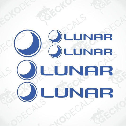 A set of three blue decals with the word 'LUNAR' and a graphic of a moon and star above the text.