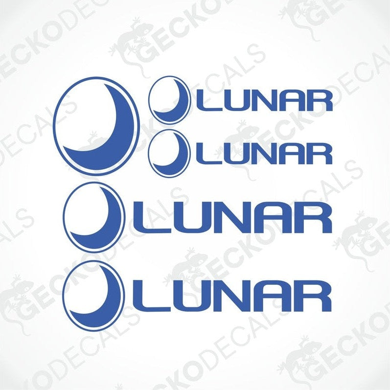 A set of blue decals with the word 'LUNAR' and various moon and star designs.