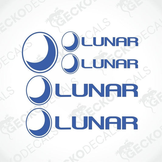 A set of blue decals with the word 'LUNAR' and various moon and star designs.