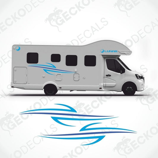 White caravan with Lunar brand decals, including side and logo stickers.