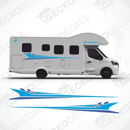 A white caravan with blue and black decals featuring the Lunar brand logo.