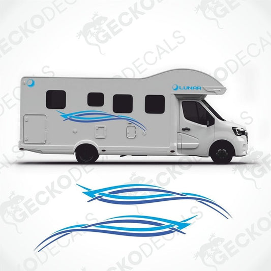 Blue wavy tribal and lunar caravan decals applied to white side profile