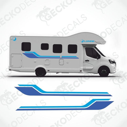 A white caravan with blue and black window shades and a Lunar brand decal on the side.