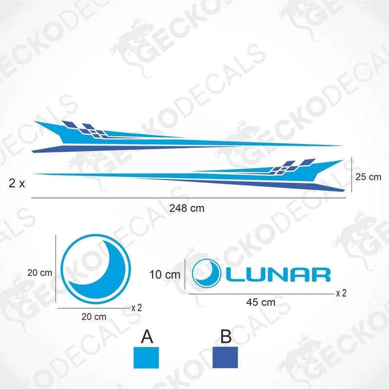 A white caravan with blue and black decals featuring the Lunar brand logo.