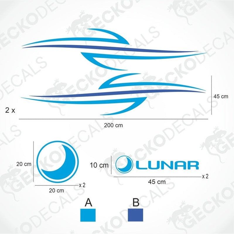 White caravan with Lunar brand decals, including side and logo stickers.